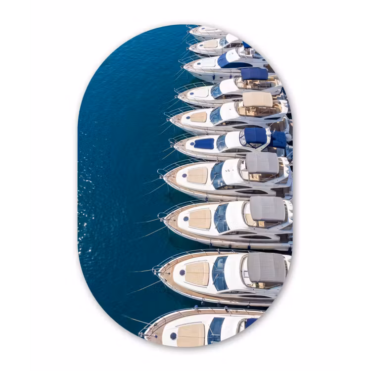 Boot - Jachthaven - Water - Zomer - Blauw Wandcirkel Ovaal Aluminium middel -3d