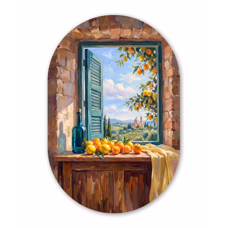 aluminium oval wall art - Bottle - Fruit - Still Life - Fles - Fruit - Stilleven Wandcirkel Ovaal Aluminium middel