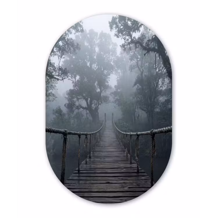 Brug - Jungle - Mist - Natuur Wandcirkel Ovaal Aluminium middel -3d
