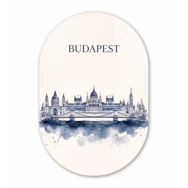 Boedapest - Skyline - Architectuur - Aquarel - Blauw Wandcirkel Ovaal Aluminium middel -3d