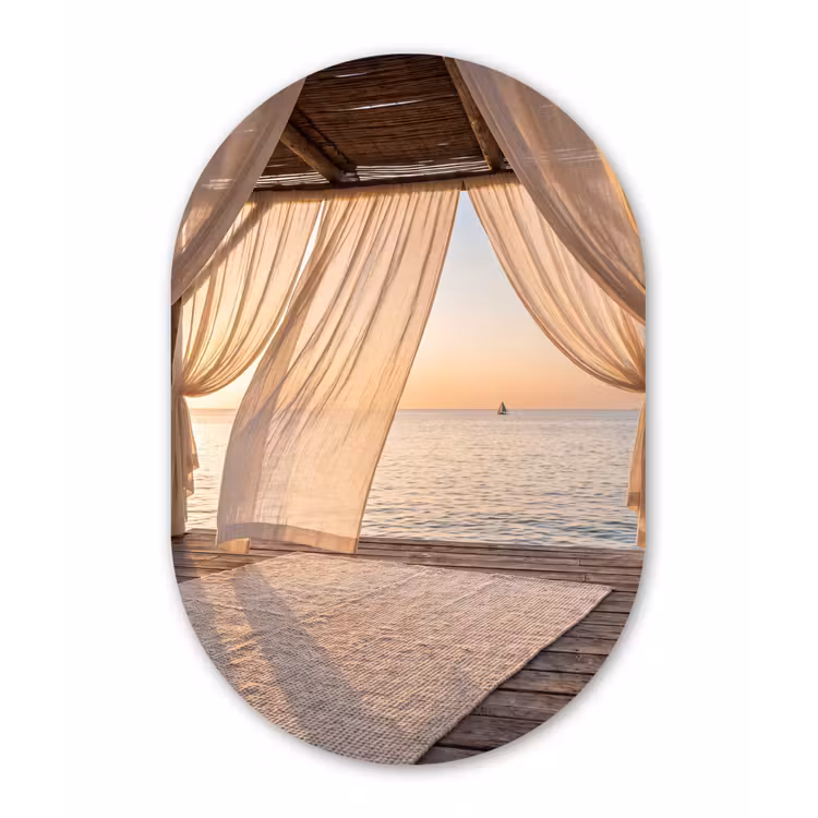 Overkapping - Zee - Zonsondergang - Vakantie - Rust Wandcirkel Ovaal Aluminium middel -3d