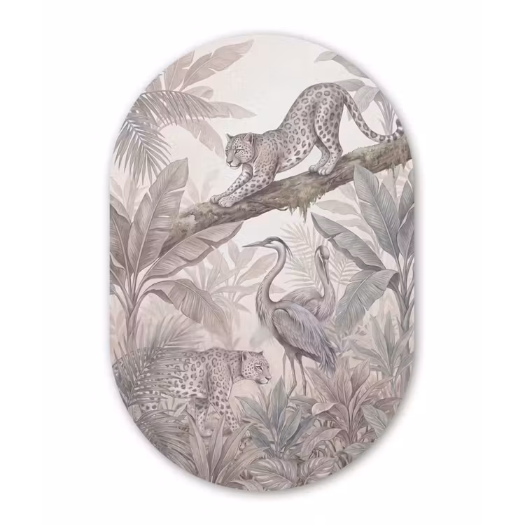 Kat - Vogel - Jungle - Illustratie - Dieren Wandcirkel Ovaal Aluminium middel -3d