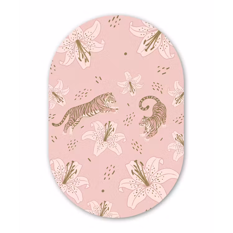 Kat - Springend - Bloemen - Abstract - Roze Wandcirkel Ovaal Aluminium middel -3d