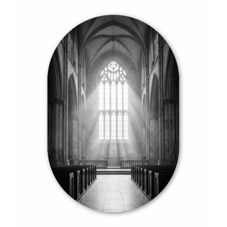 Kerk - Interieur - Lichtstralen - Architectuur - Klassiek Wandcirkel Ovaal Aluminium middel -3d