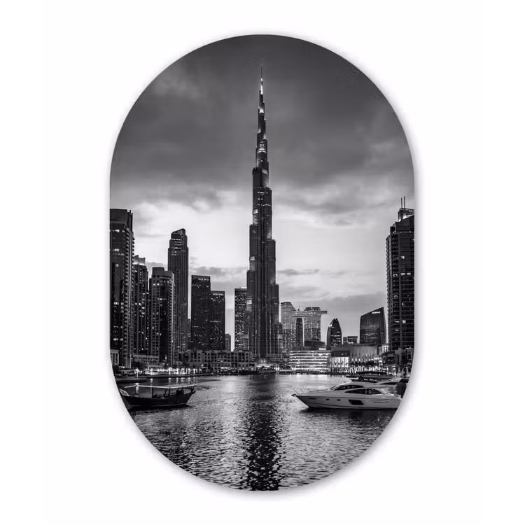 Stad - Skyline - Architectuur - Avond - Zwart-wit Wandcirkel Ovaal Aluminium middel -3d