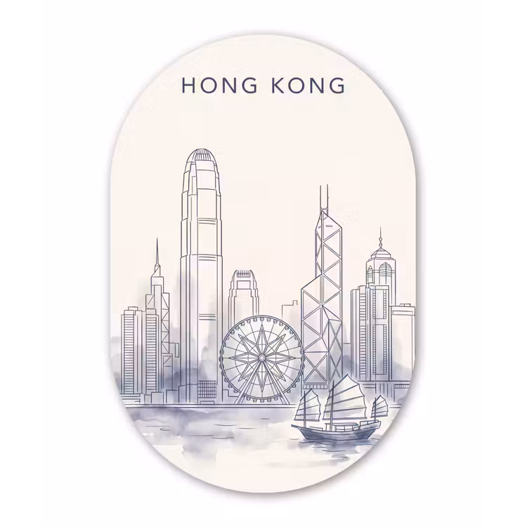 Stad - Skyline - Water - Lijntekening - Blauw Wandcirkel Ovaal Aluminium middel -3d