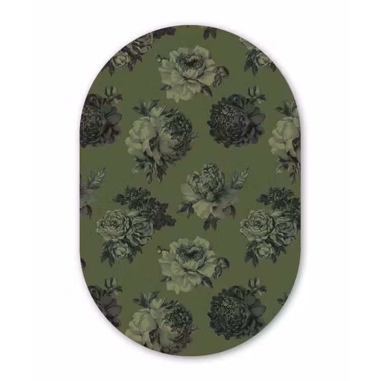 Klassiek - botanisch - olijfgroen - bloemen Wandcirkel Ovaal Aluminium middel 839 -3d