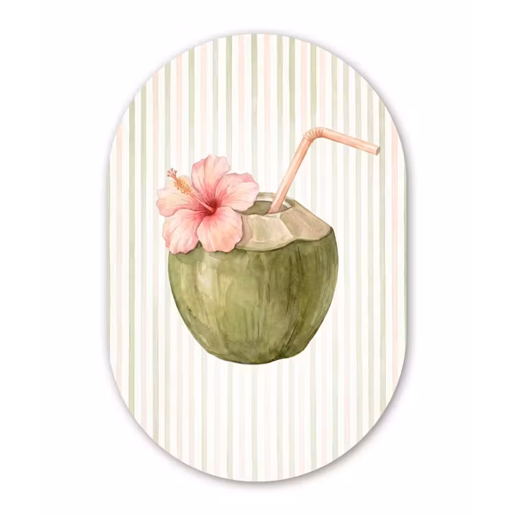 Kokosnoot - Drank - Tropisch - Illustratie - Zomer Wandcirkel Ovaal Aluminium middel -3d