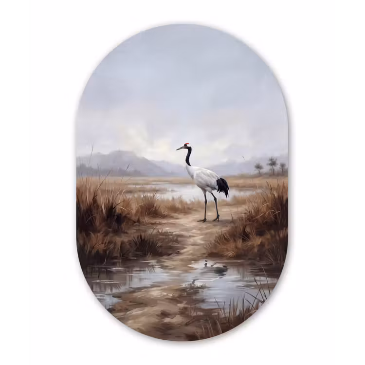 Kraanvogel - Natuur - Realistisch Wandcirkel Ovaal Aluminium middel -3d