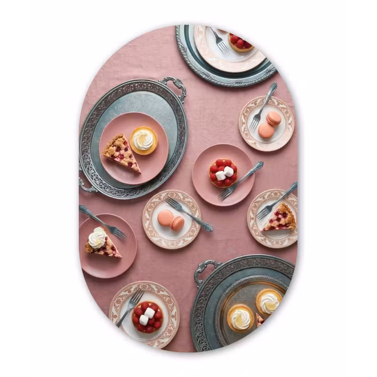Dessert - Taart - Gebak - Zoet - Roze Wandcirkel Ovaal Aluminium middel -3d