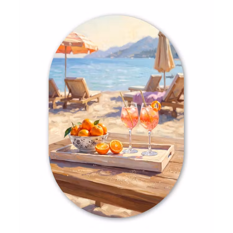 Drank - Glazen - Strand - Zomer - Oranje Wandcirkel Ovaal Aluminium middel -3d