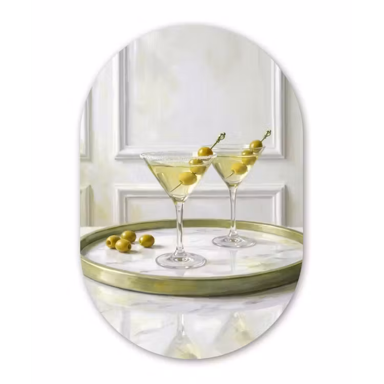 Drank - Martini - Olijven - Modern - Wit Wandcirkel Ovaal Aluminium middel -3d