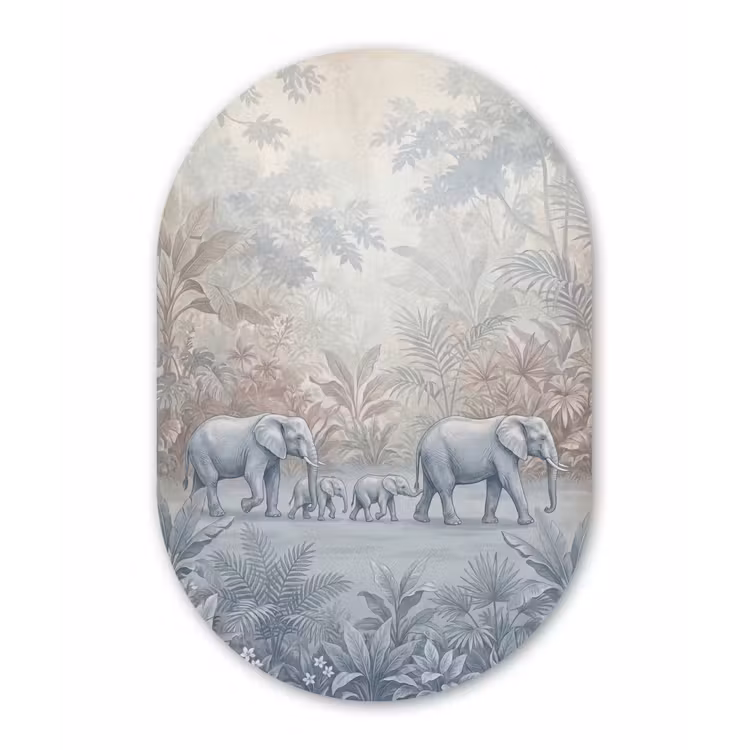 Olifant - Familie - Jungle - Illustratie - Grijs Wandcirkel Ovaal Aluminium middel -3d