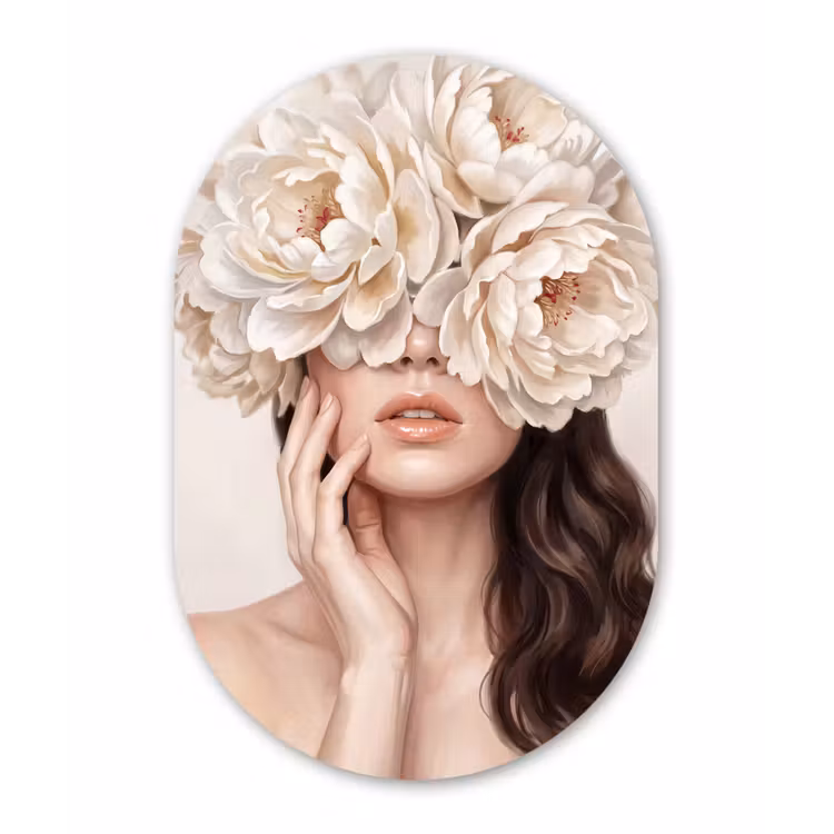 Gezicht - Pioenrozen - Crème Wandcirkel Ovaal Aluminium middel -3d