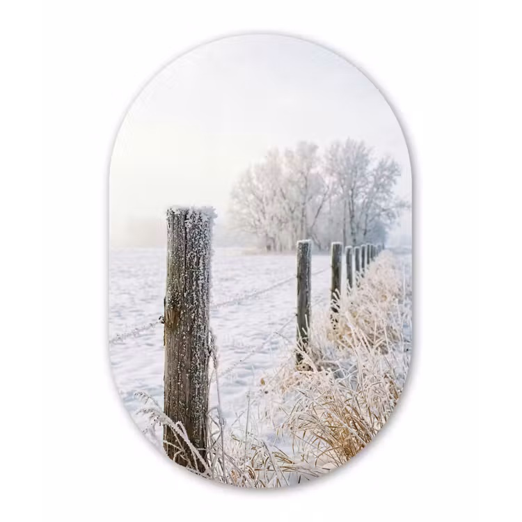 Hek - Sneeuw - Mist - Platteland - Nostalgisch Wandcirkel Ovaal Aluminium middel -3d