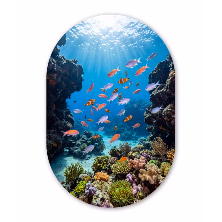 Vis - Koraalrif - Onderwater - Levendig - Blauw Wandcirkel Ovaal Aluminium middel -3d