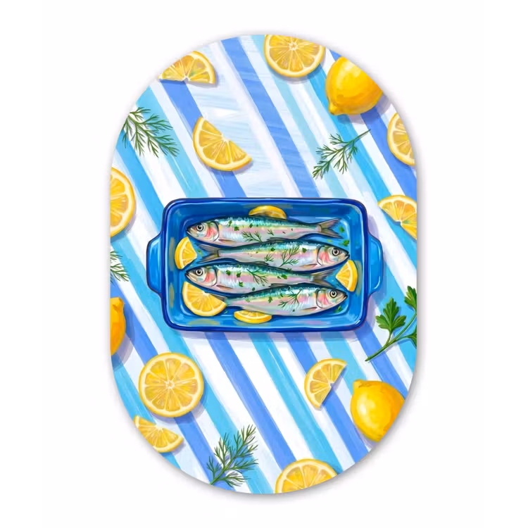 Vis - Citroen - Kruiden - Eten - Blauw Wandcirkel Ovaal Aluminium middel -3d