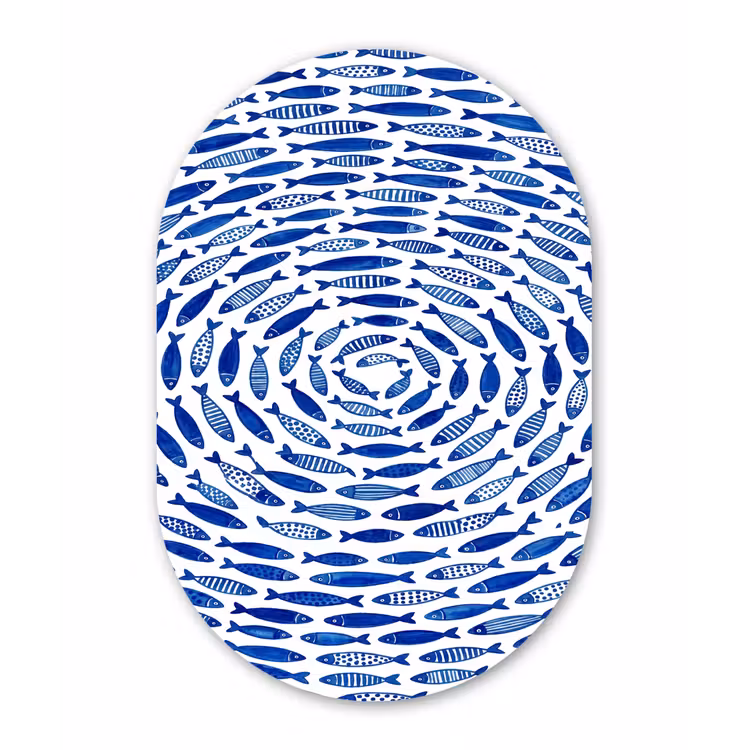 Vis - Patroon - Onderwater - Abstract - Blauw Wandcirkel Ovaal Aluminium middel -3d