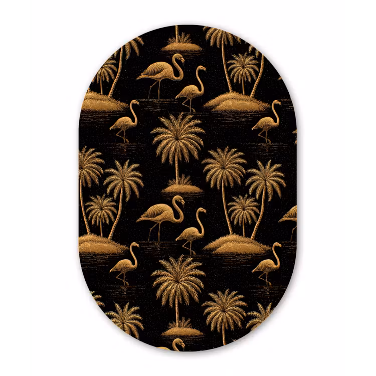 Flamingo - Palmbomen - Tropisch - Goud - Zwart Wandcirkel Ovaal Aluminium middel 839 -3d