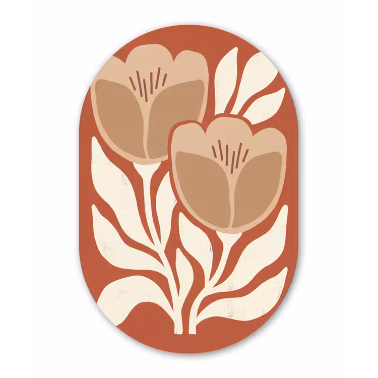 Bloemen - Abstract - Modern - Beige - Natuur Wandcirkel Ovaal Aluminium middel -3d