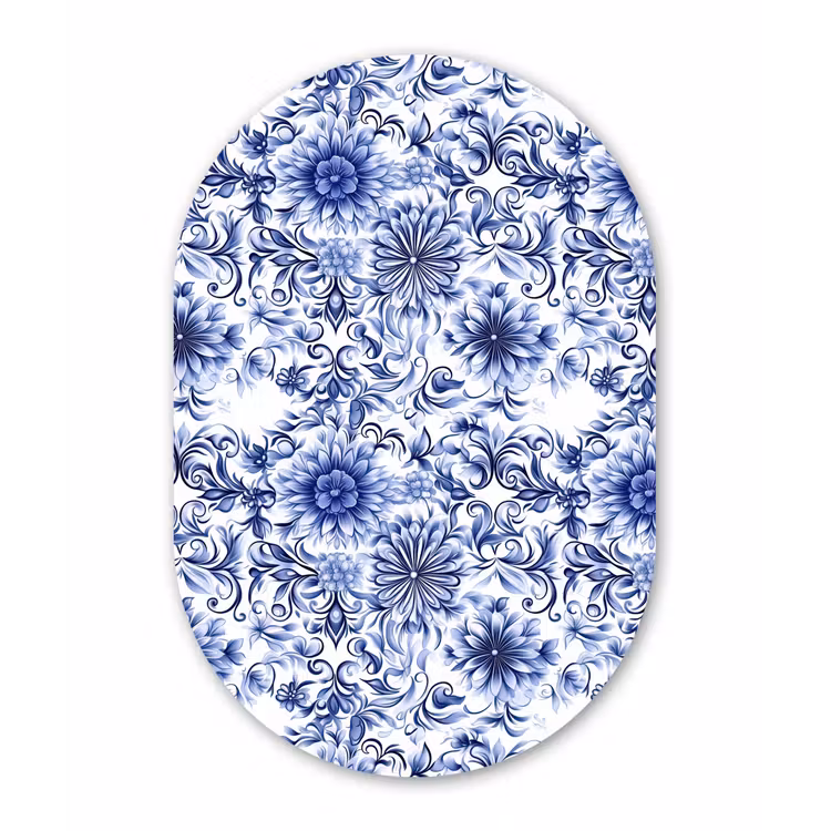 Bloemen - Blauw - Patroon - Wit Wandcirkel Ovaal Aluminium middel 839 -3d