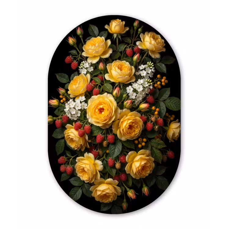 Bloemen - Boeket - Natuur - Klassiek - Geel Wandcirkel Ovaal Aluminium middel -3d