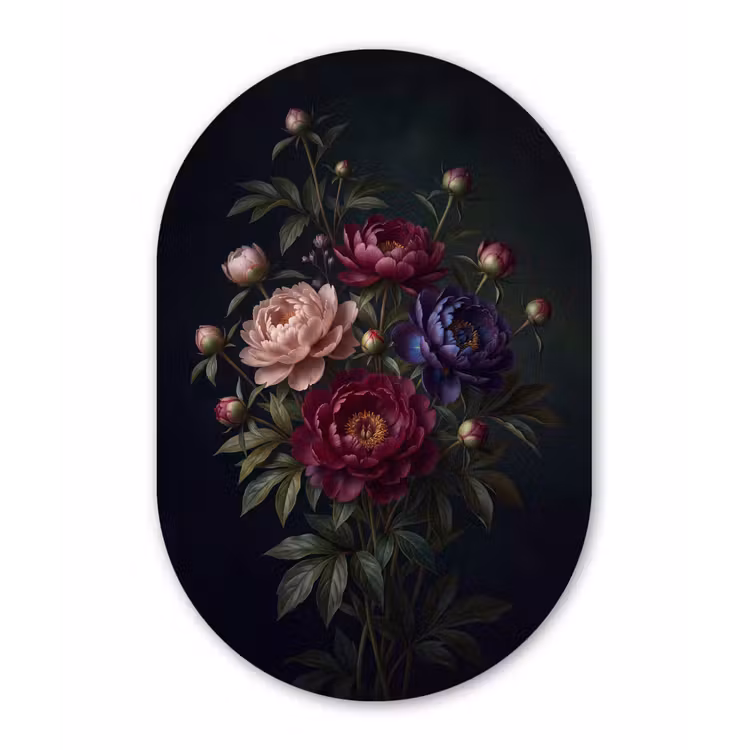 Bloemen - Boeket - Natuur - Modern - Donker Wandcirkel Ovaal Aluminium middel -3d