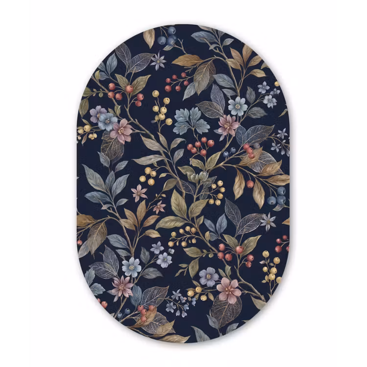 Bloemen - Bladeren - Patroon - Botanisch - Donkerblauw Wandcirkel Ovaal Aluminium middel -3d