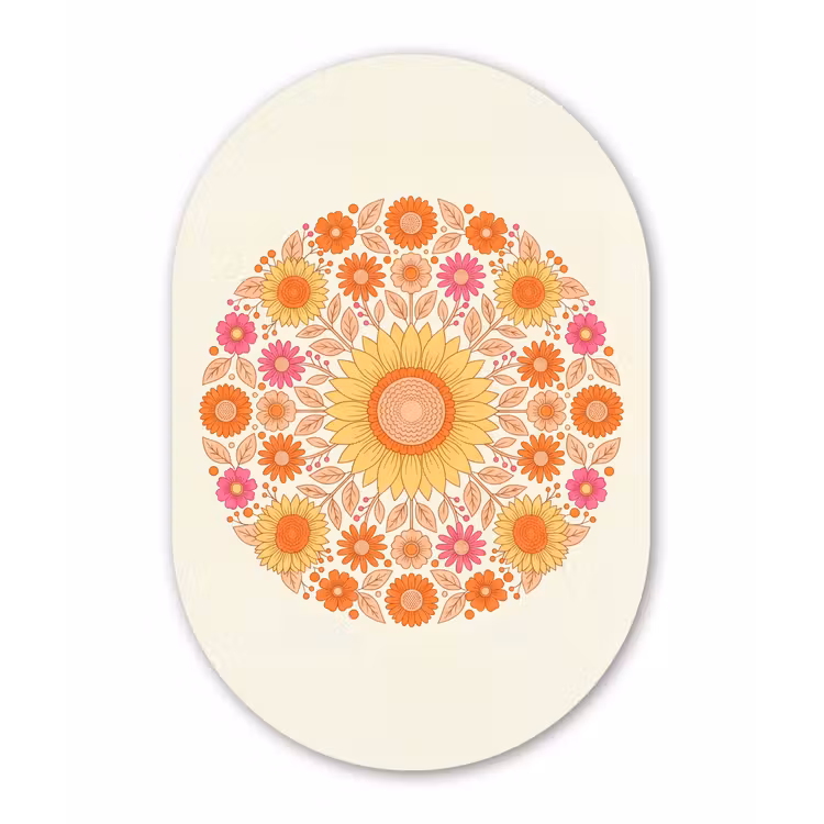 Bloemen - Mandala - Patroon - Kleurrijk Wandcirkel Ovaal Aluminium middel -3d