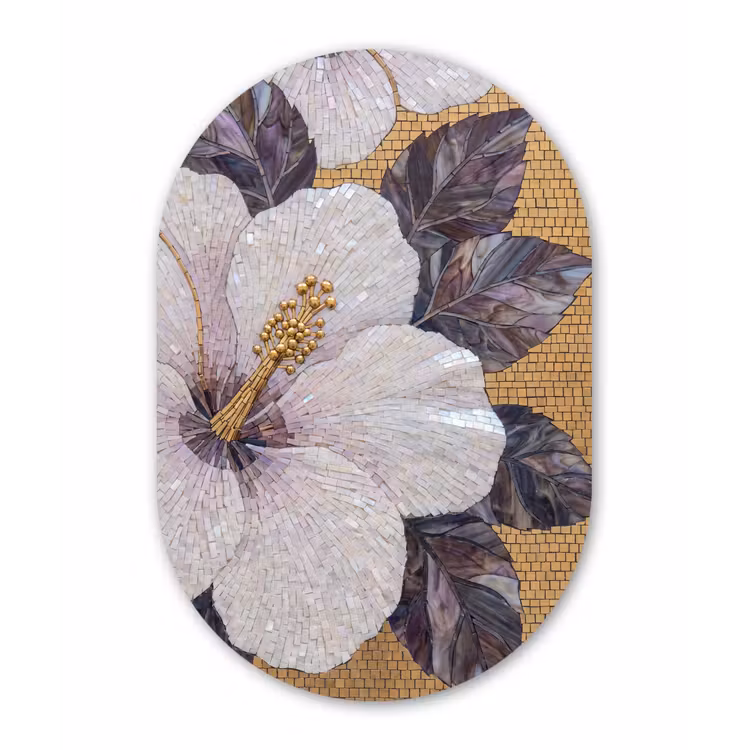 Bloemen - Mozaïek - Kunst - Modern - Goud Wandcirkel Ovaal Aluminium middel -3d