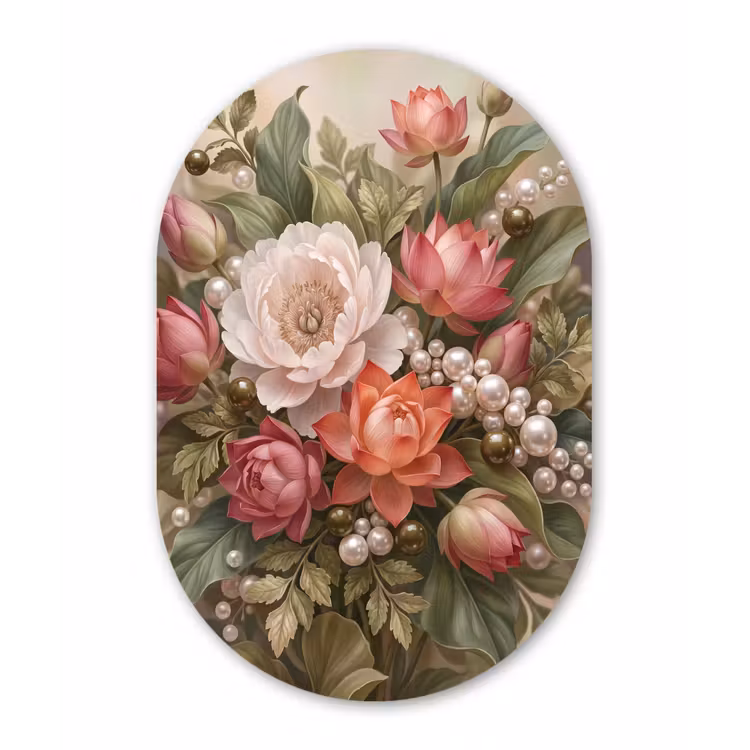 Bloemen - Parels - Elegant - Roze - Wit Wandcirkel Ovaal Aluminium middel -3d