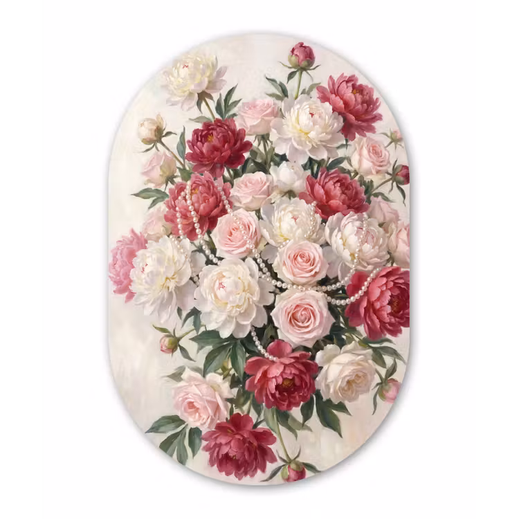 Bloemen - Parels - Romantiek - Klassiek - Roze Wandcirkel Ovaal Aluminium middel -3d