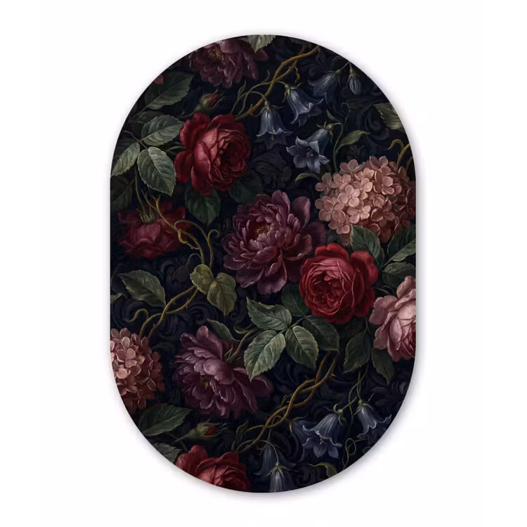 Bloemen - Rood - Klassiek - Donker - Patroon Wandcirkel Ovaal Aluminium middel -3d