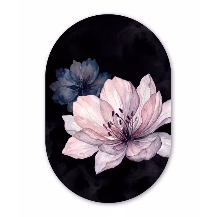 Bloemen - Aquarel - Modern - Roze - Donker Wandcirkel Ovaal Aluminium middel -3d