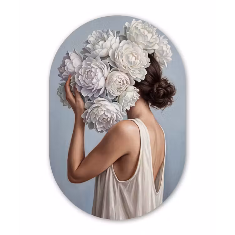 Bloemen - Vrouw - Wit Wandcirkel Ovaal Aluminium middel -3d