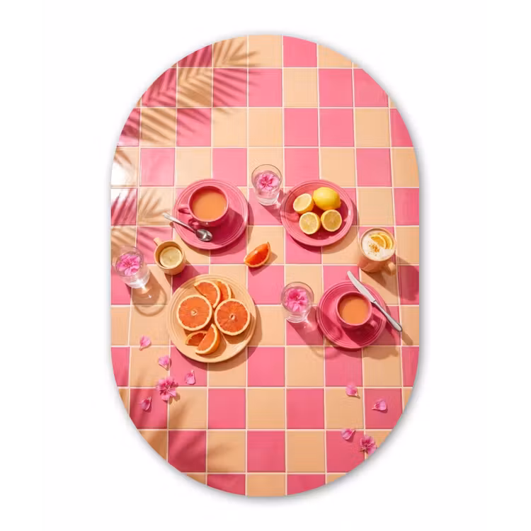 Eten - Citrusvruchten - Stillevens - Roze - Oranje Wandcirkel Ovaal Aluminium middel -3d