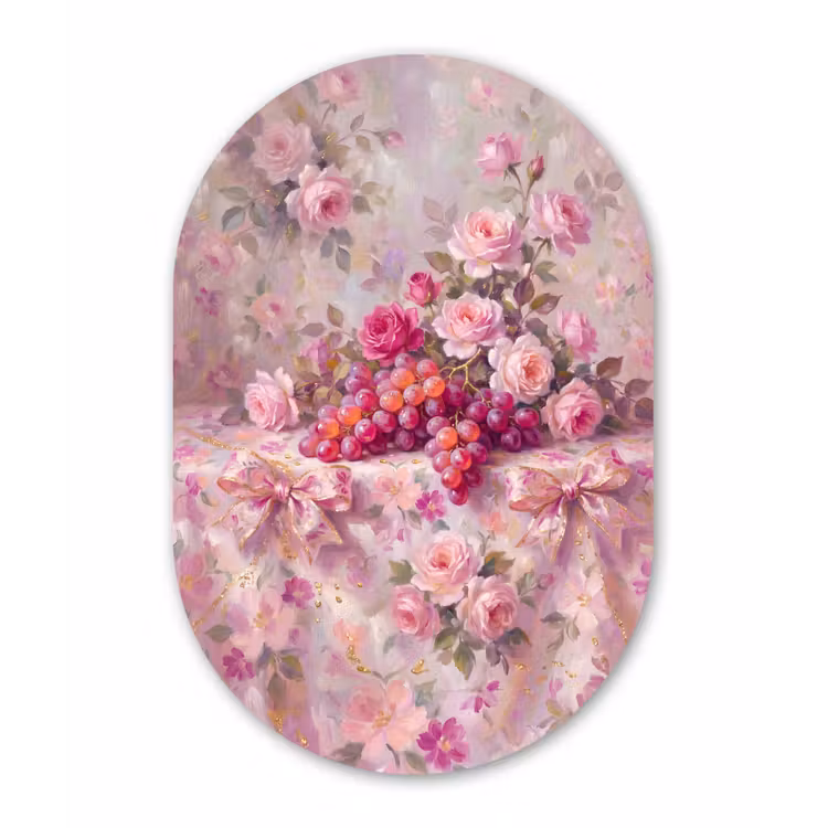 Eten - Bloemen - Stilleven - Roze - Goud Wandcirkel Ovaal Aluminium middel -3d