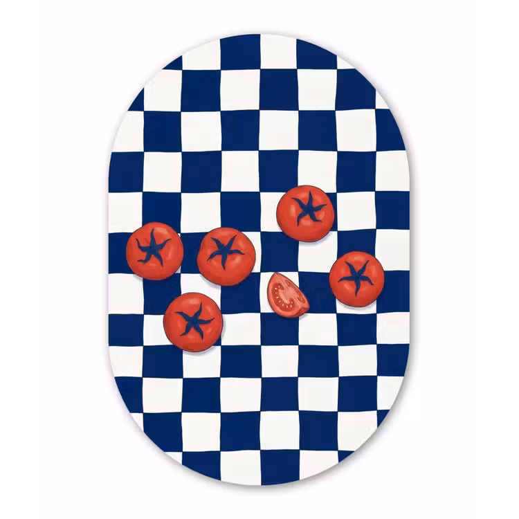 Eten - Tomaten - Keuken - Illustratie - Rood-Blauw Wandcirkel Ovaal Aluminium middel -3d