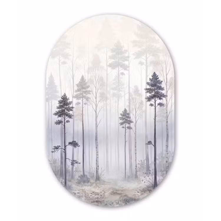 Bos - Bomen - Mist - Natuur - Illustratie - Grijs Wandcirkel Ovaal Aluminium middel -3d