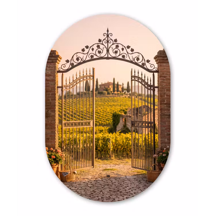 Poort - Landschap - Platteland - Zonlicht - Warm Wandcirkel Ovaal Aluminium middel -3d