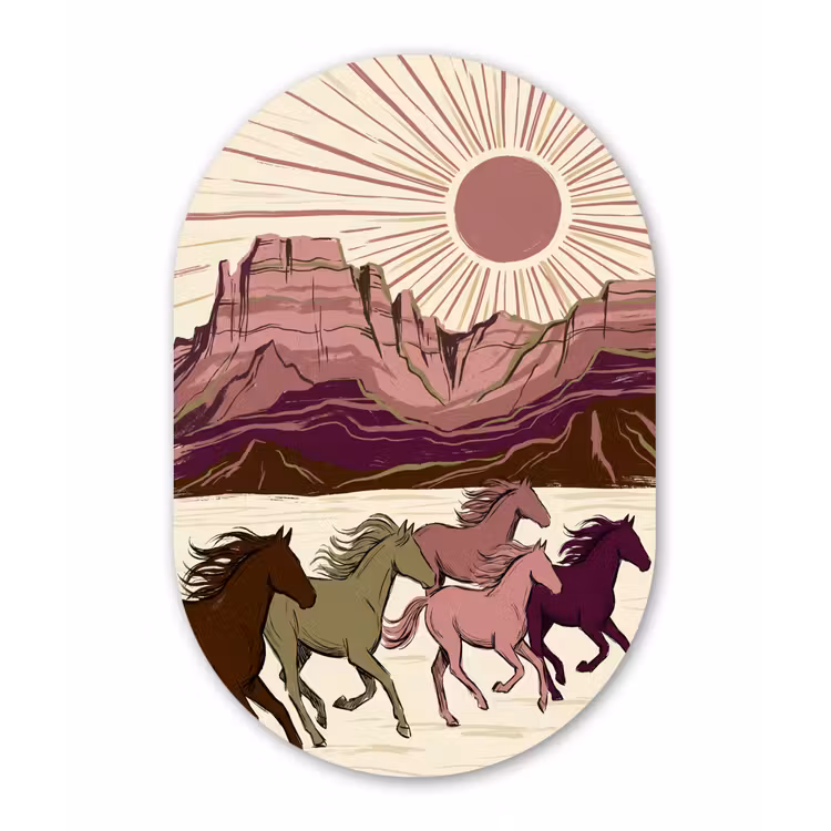 Paarden - Rennend - Woestijn - Natuur - Abstract Wandcirkel Ovaal Aluminium middel -3d