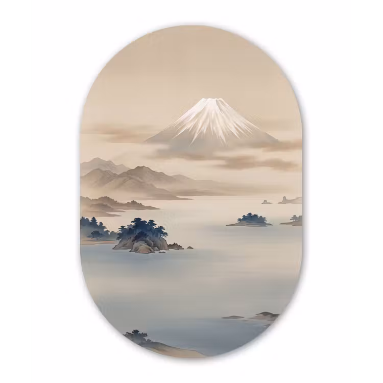 Japans - Landschap - Beige Wandcirkel Ovaal Aluminium middel -3d