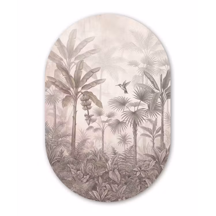 Jungle - Banenboom - Kolibrie - Beige Wandcirkel Ovaal Aluminium middel -3d