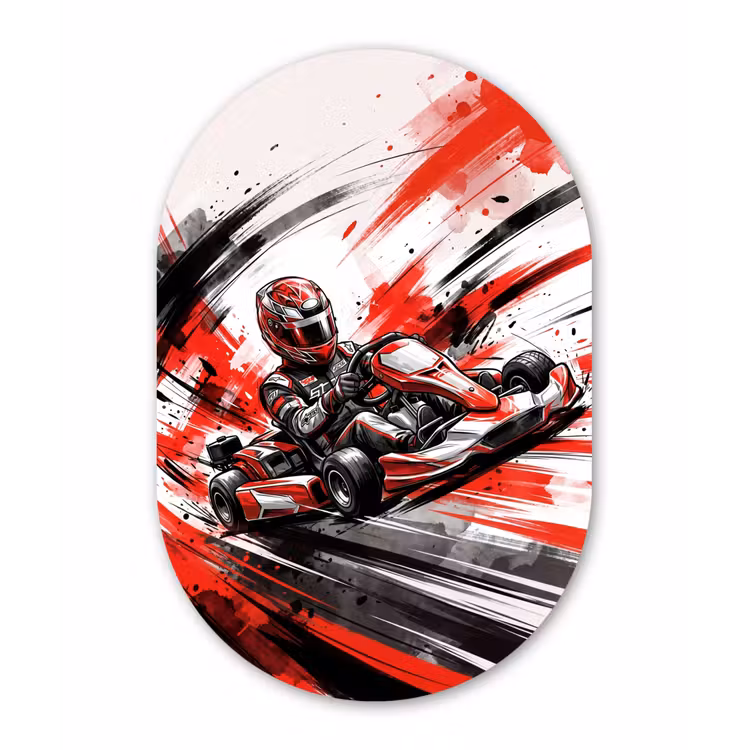 Kart - Coureur - Snelheid - Rood Wandcirkel Ovaal Aluminium middel -3d