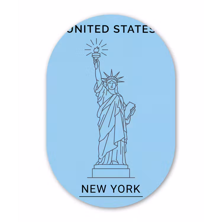 Monument - Vrijheidsbeeld - New York - Minimalistisch - Blauw Wandcirkel Ovaal Aluminium middel -3d