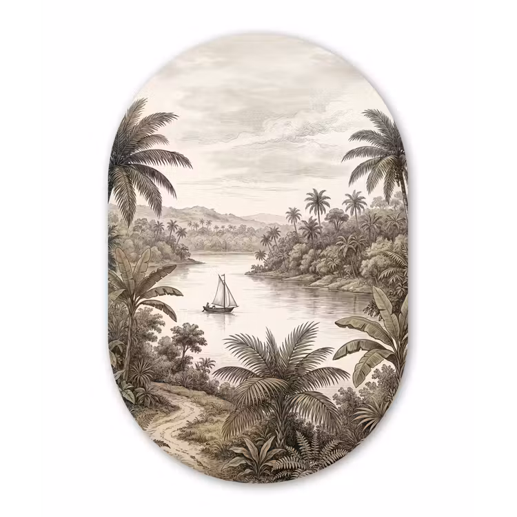 Landschap - Rivier - Boot - Tropisch - Vintage Wandcirkel Ovaal Aluminium middel -3d