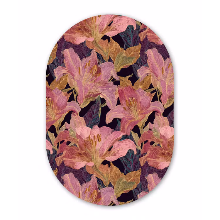 Lelies - Patroon - Roze - Goud Wandcirkel Ovaal Aluminium middel 839 -3d