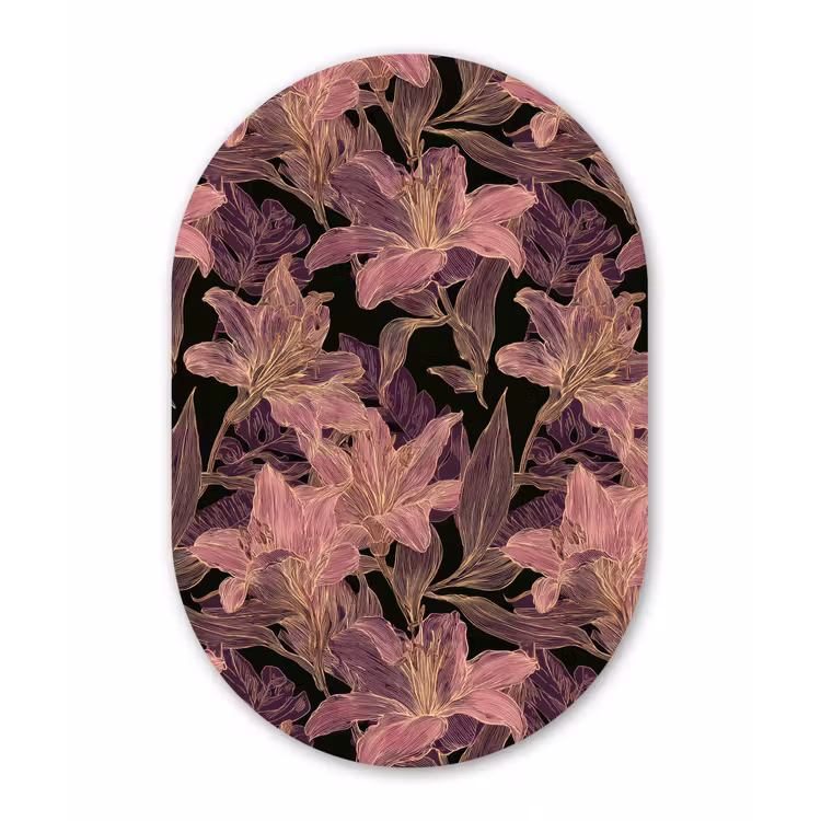 Lelies - Patroon - Paars - Goud Wandcirkel Ovaal Aluminium middel 839 -3d