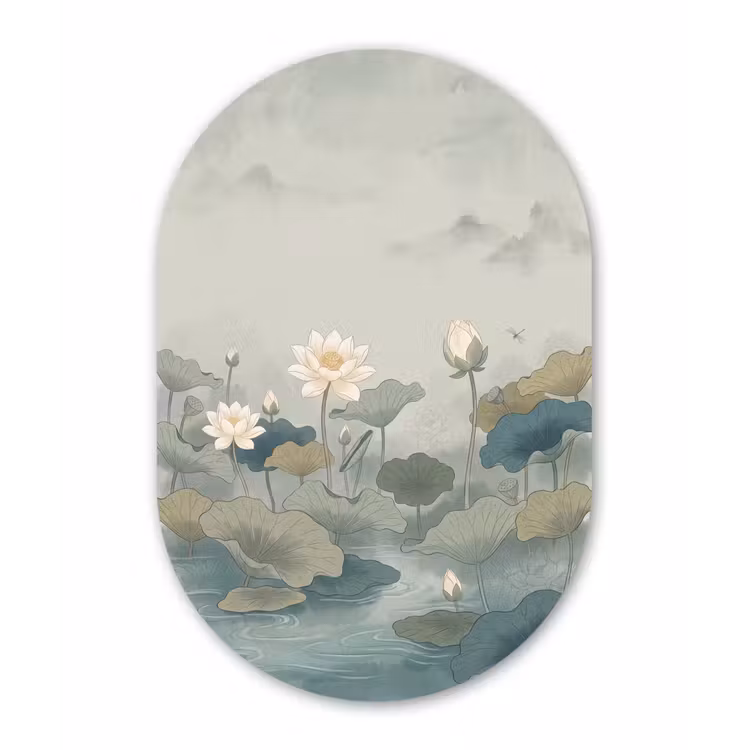Lotus - Bloemen - Groen Wandcirkel Ovaal Aluminium middel -3d