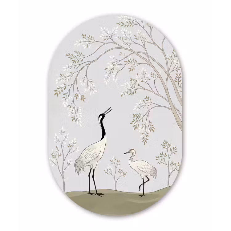 Minimalistisch - Kraanvogels - Blauw Wandcirkel Ovaal Aluminium middel -3d